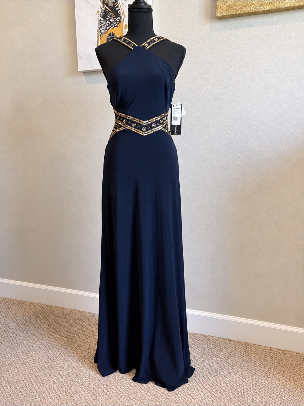 Betsy & Adam Navy Gold Embellished Beaded Formal Gown BNWT Size 2